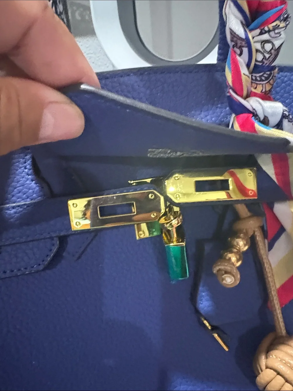 Royal Blue Structured Leather Satchel with Scarf Accent 30 cm size
